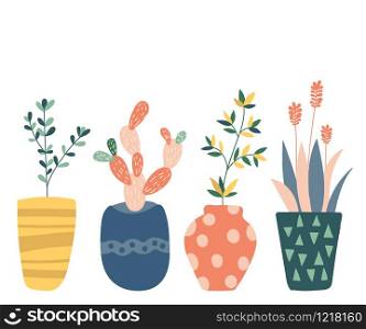 Cactus hand drawn set. Doodle flowers in pots. Vector colorful cute cactus interior plants. Vector design.