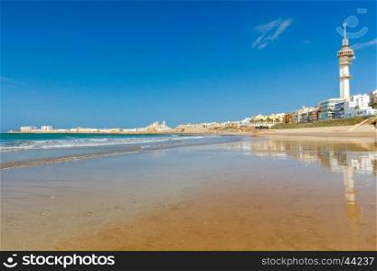 Cadiz. City sandy beach.. Sandy beach Santa Maria del Mar along the Atlantic Ocean in Cadiz. Spain. Andalusia.