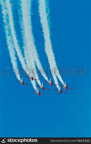 CADIZ, SPAIN-SEP 9: Aircrafts of the Patrulla Aguila taking part in a test on the 4th airshow of Cadiz on Sep 9, 2011, in Cadiz, Spain. Patrulla Aguila