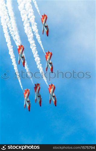 CADIZ, SPAIN-SEP 9: Aircrafts of the Patrulla Aguila taking part in a test on the 4th airshow of Cadiz on Sep 9, 2011, in Cadiz, Spain. Patrulla Aguila