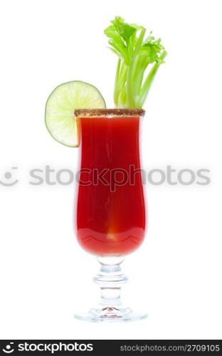 Caesar made with vodka and clamato, served in a spicy rimmed glass with fresh celery and a lime garnish. Shot on white background.