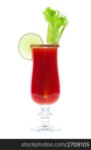 Caesar made with vodka and clamato, served in a spicy rimmed glass with fresh celery and a lime garnish. Shot on white background.