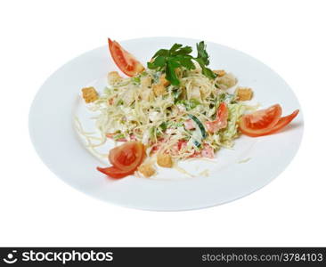 Caesar salad prepared on classical recipe.closeup isolated on white background.