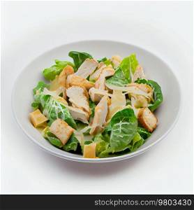 Caesar Salad with Chicken on a White Plate . Illustration AI Generative 