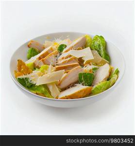 Caesar Salad with Chicken on a White Plate . Illustration AI Generative 