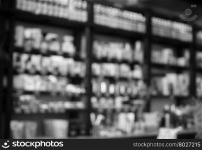 Cafe blurred background with black and white tone. product display template