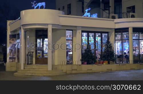 Cafe building exterior with festive decoration in the evening. Christmas trees with twinkling lights and illuminated animals on the roof