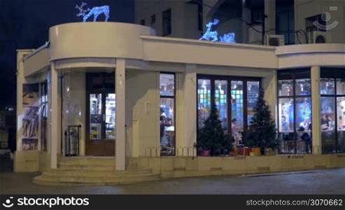 Cafe building exterior with festive decoration in the evening. Christmas trees with twinkling lights and illuminated animals on the roof