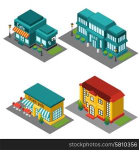 Cafe building isometric decorative 3d icons set isolated vector illustration. Cafe Building Isometric