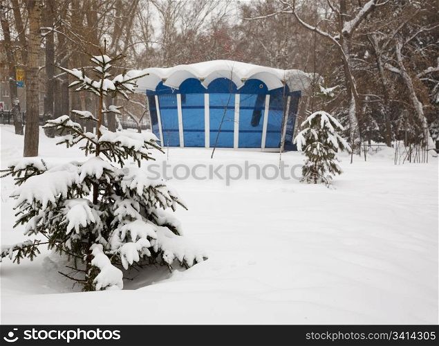 Cafe in the park. Snowstorm. Novosibirsk, Siberia, January 2007