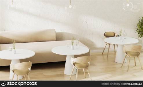 Cafe interior design with sofa, coffee table and chairs, bright and beige interior, 3d render
