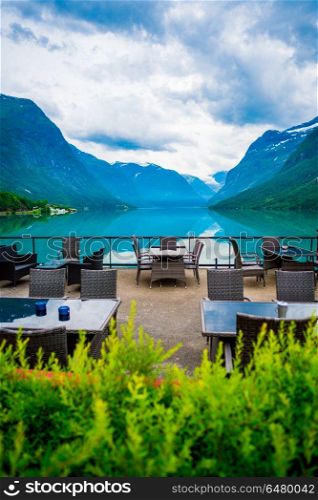 Cafe on the nature background. Beautiful Nature Norway natural landscape. Cafe on the nature background
