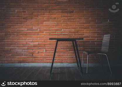 Cafe or restaurant in balcony view decorate with red brick wall and table chairs set for seating relax. Balcony with red brick wall and table chairs set