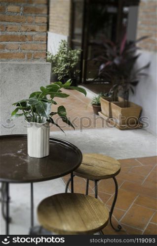 Cafe outdoor patio dining area, stock photo