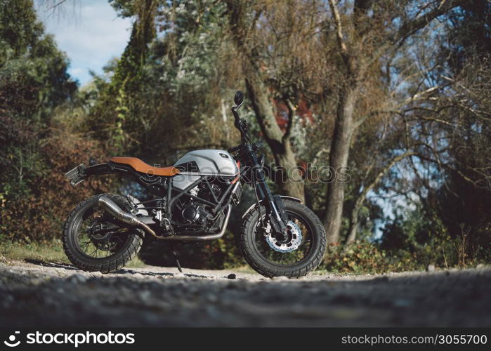 Cafe racer scrambler motorcycle, old fashioned vehicle with modern materials on forest background