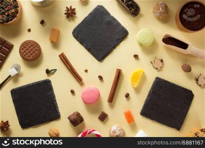 cafe sweets at colorful background texture