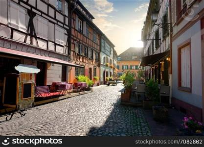 Cafes on street of Strasbourg in the morning, France