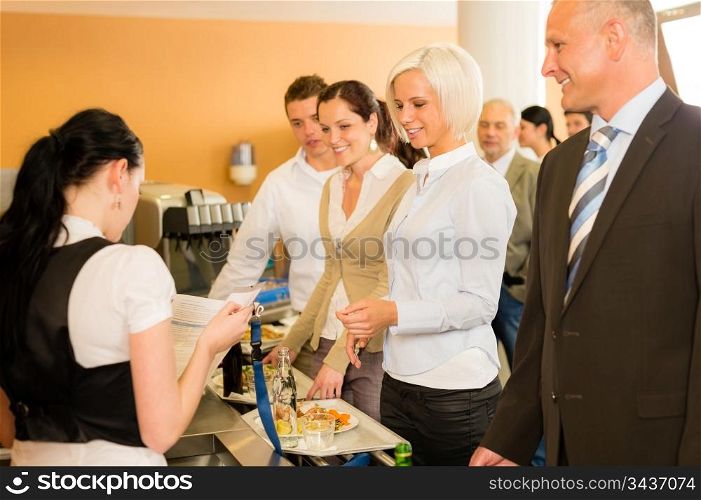 Cafeteria cashier woman check guest list businesswoman take buffet lunch