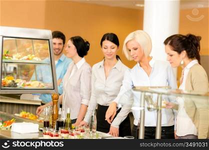 Cafeteria food young woman look dessert selection serving tray