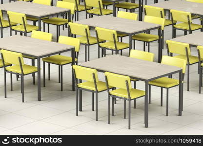 Cafeteria with rows of empty tables and chairs