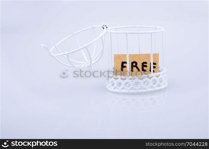 Cage, retro styled key and the word help on white background