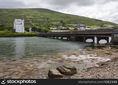 Cahersiveen. Republic of Ireland. 06.14.16. Castlequin Bridge and the Old Barracks at Cahersiveen in County Kerry on the west coast of Ireland.