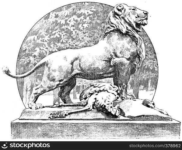 Cain a lion in the staggered Tuileries, vintage engraved illustration. Paris - Auguste VITU ? 1890.