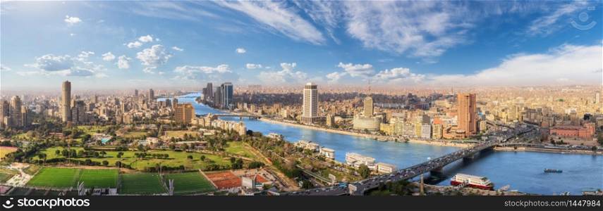 Cairo aerial panorama, the Nile and the downtown buildings, Egypt.