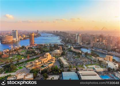 Cairo downtown and the Nile from above, sunset view, Egypt.. Cairo downtown and the Nile from above, sunset view, Egypt