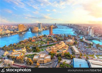 Cairo downtown and the Nile river, aerial view, Egypt.. Cairo downtown and the Nile river, aerial view, Egypt