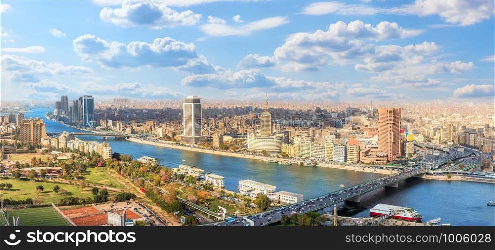 Cairo downtown panorama, view on the Nile and bridges.. Cairo downtown panorama, view on the Nile and bridges