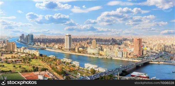 Cairo downtown panorama, view on the Nile and bridges.. Cairo downtown panorama, view on the Nile and bridges