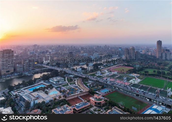 Cairo downtown sunset view, the Nile and the Gezira island, Egypt.