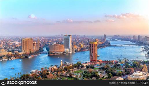 Cairo downtown, view of the Nile, the skyscrappers and the bridges, Egypt.. Cairo downtown, view of the Nile, the skyscrappers and the bridges, Egypt