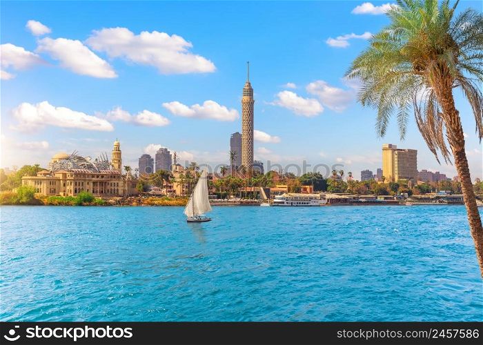 Cairo downtown, view on Gezira Island in the Nile and sailboat, Egypt, Africa.. Cairo downtown, view on Gezira Island in the Nile and sailboat, Egypt, Africa