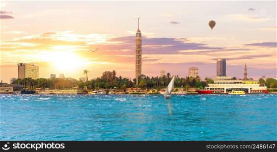 Cairo river scenery with air baloons, beautiful sunset Nile view, Egypt.. Cairo river scenery with air baloons, beautiful sunset Nile view, Egypt