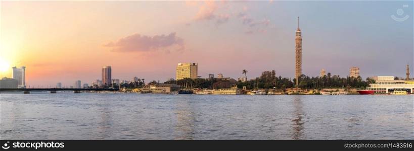 Cairo Tower and the Nile, sunset over the capital of Egypt.