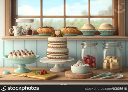 cake and sweets on the table in the kitchen. Neural network AI generated art. cake and sweets on the table in the kitchen. Neural network AI generated