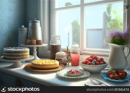 cake and sweets on the table in the kitchen. Neural network AI generated art. cake and sweets on the table in the kitchen. Neural network AI generated