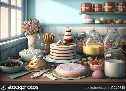 cake and sweets on the table in the kitchen. Neural network AI generated art. cake and sweets on the table in the kitchen. Neural network AI generated