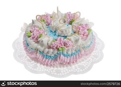 Cake and tablecloth on isolated white background
