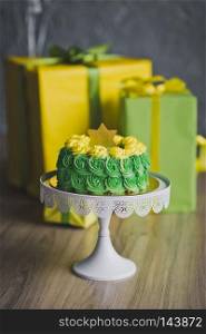 Cake for kids birthday.. Beautiful yellow and green decorated cake for a birthday 9226.