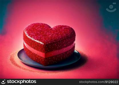 Cake in heart form, dessert with glitter. Valentine’s Day, love. Postcard, greeting card design. Pink and red colors. Generative AI. Cake in heart form, dessert with glitter. Valentine’s Day, love. Postcard, greeting card design. Pink and red colors. Generative AI.