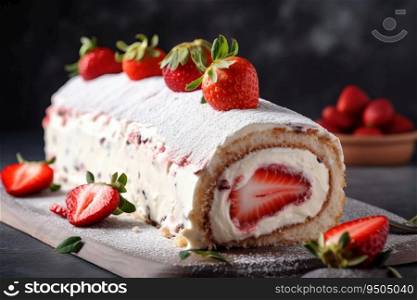 Cake roll strawberries fruit. Summer tart. Generate Ai. Cake roll strawberries fruit. Generate Ai
