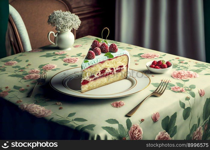 cake slice on  table.  Image created with Generative AI technology