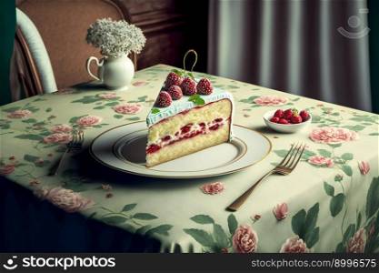 cake slice on  table.  Image created with Generative AI technology