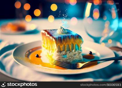 cake slice on table.  Image created with Generative AI technology

