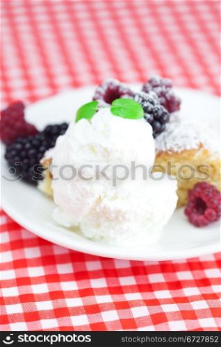 cake with icing,icecream, raspberry, blackberry and mint on a plate on plaid fabric