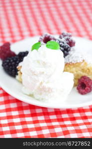 cake with icing,icecream, raspberry, blackberry and mint on a plate on plaid fabric