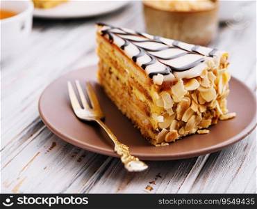 Cake with peanuts, walnuts, chocolate and caramel cream